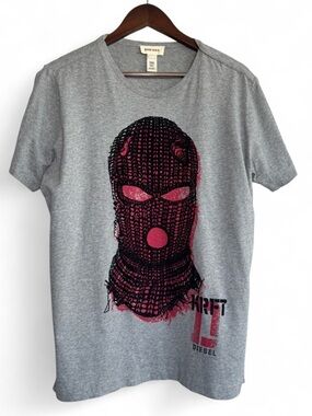 Diesel KRFT Balaklava Short Sleeve Cotton Linen T Shirt Heather Grey Small EUC